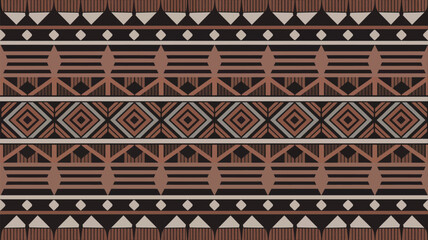 A patterned textile featuring geometric shapes and earth tone colors in a symmetrical arrangement style