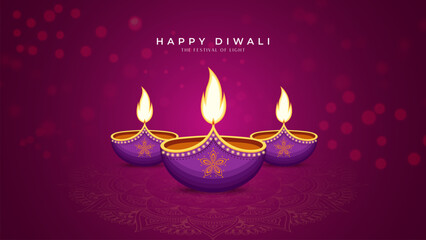 Happy Diwali Celebration with Glowing Oil Lamps