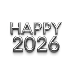 Shiny silver balloons spell out happy 2026 on a white background