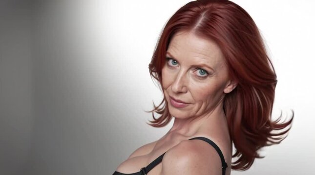 Mature sensual red-haired woman wearing black lingerie, posing seductively