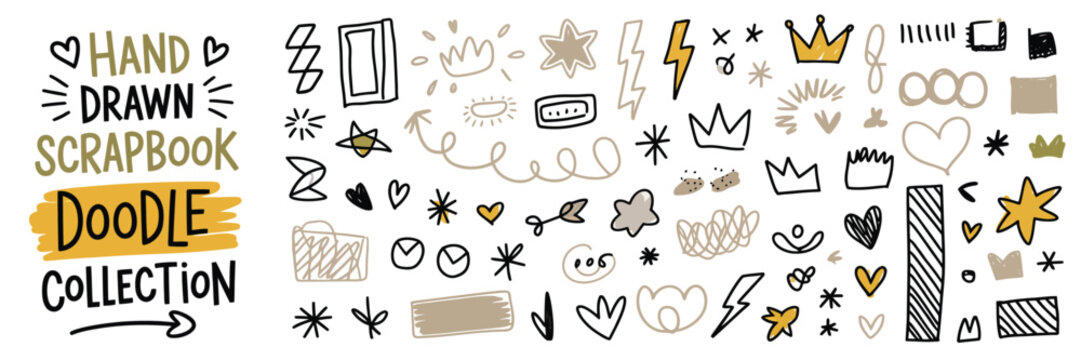 Rayon Drawn Scrapbook Doodle Collection Featuring Hand-Drawn Scribbles, Crayon Lightnings, Crowns, Stars, Arrows, and Rock and Roll Punk Stickers Perfect for Scrapbook Design and Collages