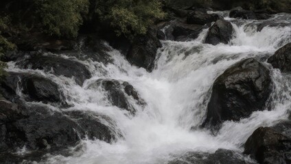 Rushing water cascades over dark rocks, creating a dynamic flow with lush greenery above