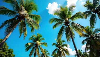 Fototapeta premium Indonesian Coconut Palm Grove Lush Green Fronds Swaying Gently in a Tropical Breeze, Vibrant Blue Sky