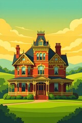 A beautiful house in the green landscape in rising sun 