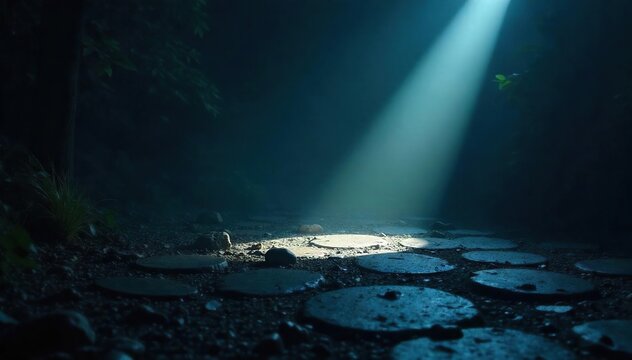 Lone Flashlight Beam Cuts Through Dark Nature, Illuminating Mystery and Texture. Powerful Light Creates Stark Contrast of Light and Shadow in Environmental Scene.