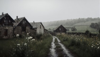 Fototapeta premium Rural scene Stone homes line a muddy path under a grey sky, fields receding into mist