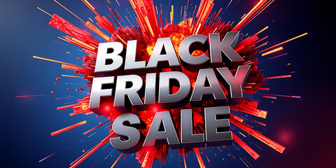 3D metallic silver text reading Black Friday Sale set against a dynamic red and orange explosion with light streaks on a dark blue background