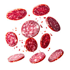 Overhead view of salami slices against black. Varied angles, textures, and colors. Some are cut