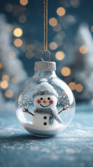 A snowman in a hard hat and gloves intently uses a tablet with a stylus, set against a dark, glowing industrial background. created by ai