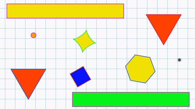 Bright geometric shapes move playfully across a checkered background, sparking joy.