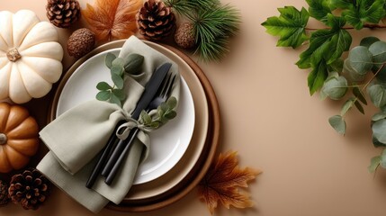 Set the table for a cozy autumn gathering with decorative pumpkins, elegant utensils, and warm seasonal colors for a festive atmosphere