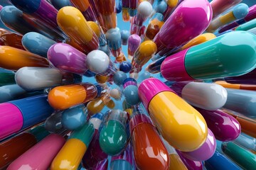 Colorful capsules scattered in a dynamic arrangement on a blue background