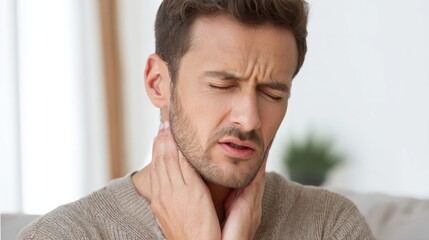 Obraz premium A young man is experiencing discomfort in his neck while surrounded by a calming indoor space.