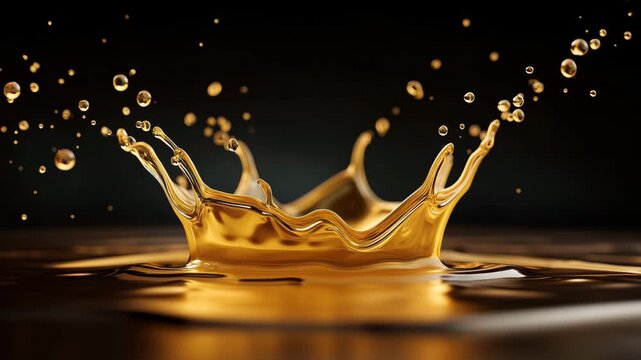 3d rendering of liquid oil splashing on a dark background. close-up view with focus on the center, showing dynamic and detailed fluid motion in golden hues. the composition captures the beauty