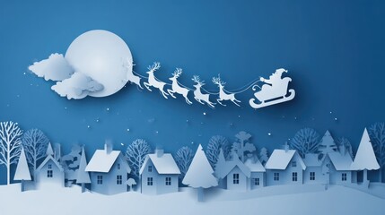 Santa claus sleigh flying over winter village with reindeer in paper cut style