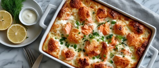 Savory fish fillets are baked to perfection with a creamy sauce, garnished with lemon slices and fresh herbs, ready to serve