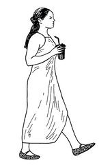 One young modern brunette teen girl in long dress with beverage walking outdoors, side view, realistic sketch, vector hand drawn illustration