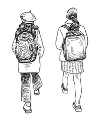 Two schoolgirls with backpacks walking together along street, back view, realistic sketch, vector hand drawn illustration isolated on white