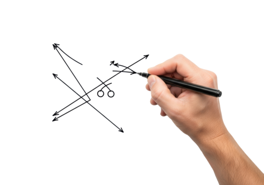 Adult caucasian hand drawing a precise American football play diagram with a black marker on a transparent surface, top-down view, studio lighting, no shadows. Concept of sports strategy and - Powered by Adobe
