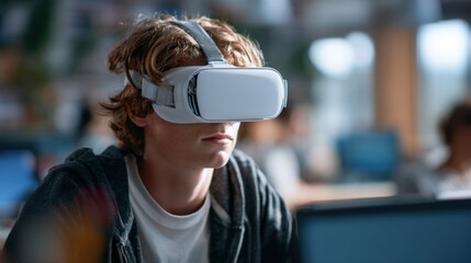 Teenager explores virtual reality technology while seated at a desk in a bright classroom.