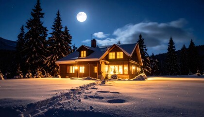 Winter cabin under full moon at night