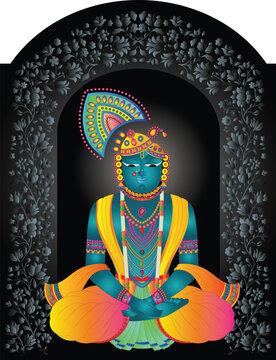 Shrinathji, Jagannath, or Lord Krishna with cows, in Indian folk painting Pichwai style	
