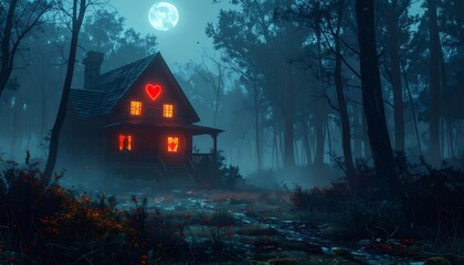 Cozy cabin glowing with heart in mystical forest at night
