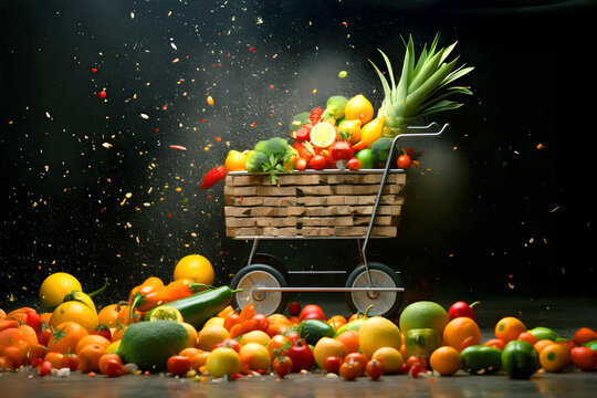 Fresh produce spills from a wooden cart during a vibrant display celebrating healthy eating and sustainability