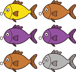 Six simple cartoon fish in various colors including yellow brown purple and gray on a white background