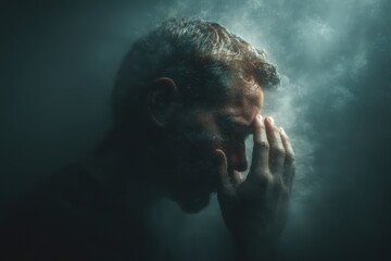 An introspective moment, a man's struggle against adversity, face obscured in shadow. Focus on mental well-being, strength and resilience.