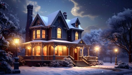 Victorian house in a snowy winter night with warm light