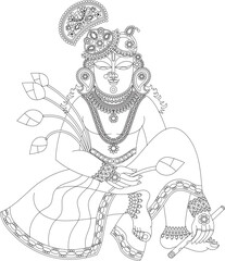 Shrinathji, Jagannath, or Lord Krishna with cows, in Indian folk painting Pichwai style	

