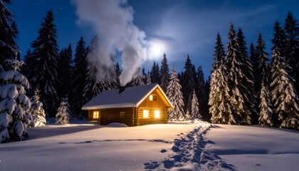 Log cabin in winter forest with snow moonlight smoke