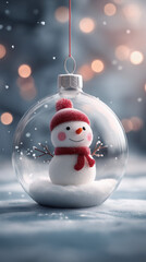 A snowman in a hard hat and gloves intently uses a tablet with a stylus, set against a dark, glowing industrial background. created by ai