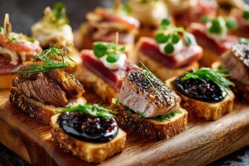 Assorted Canapes on Wooden Board
