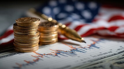 Stacks of gold coins on financial chart with us flag and pen