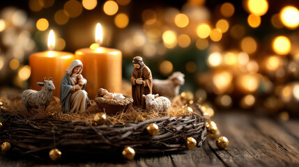 Symbol of hope and peace: A classic Christmas Nativity scene nestled in a rustic wreath, illuminated by the soft light of candles, capturing the sacred beauty of the birth of Jesus