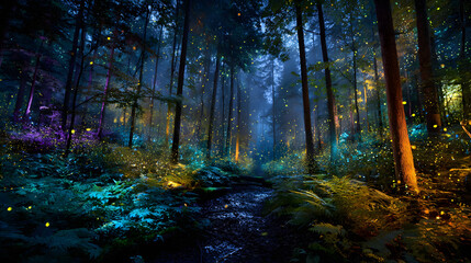 Fototapeta premium Night forest illuminated by glowing plants and sparkling air particles 