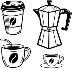 Set of black silhouettes of various coffee-related items, isolated on a white background. Vector illustration. Coffee to go, French press, moka pot, and mugs 