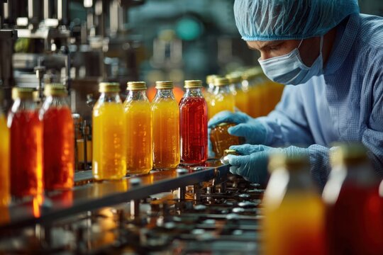 Hygiene Worker Inspecting Juice Bottles Factory