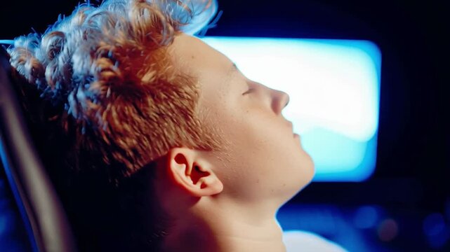 Young teenage boy sits relaxed in dimly lit room leaning back in chair with closed eyes while faint screen light flickers across his face suggesting late evening rest
