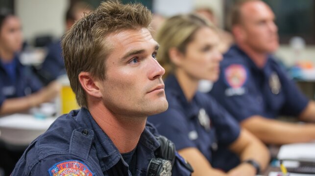 Young recruits attentively listen during a law enforcement training session in an educational setting.