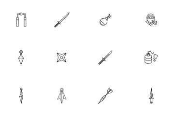 Fototapeta premium Ninja Weapons and Equipment Outline Vector Icon Set