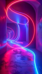 Neon lighting follows a curving path through a cool, futuristic corridor