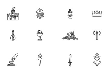 Fototapeta premium Medieval Fantasy Outline Vector Icon Set - Castle, Crown, Weapons