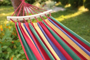 One comfortable colorful hammock in garden, closeup