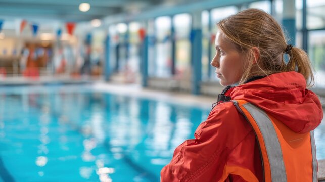A focused lifeguard in bright gear watches the swimming pool while patrons enjoy the water. - Powered by Adobe