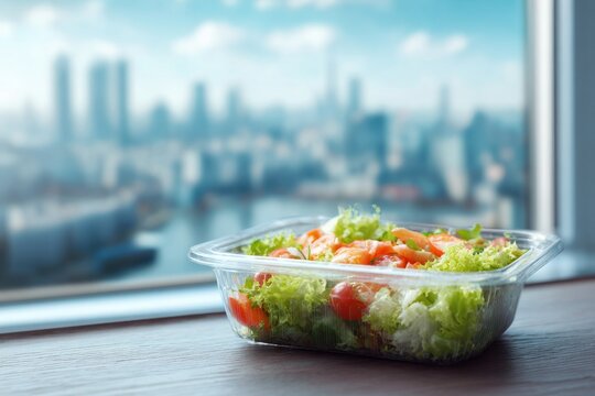 Healthy Office Salad with City Backdrop