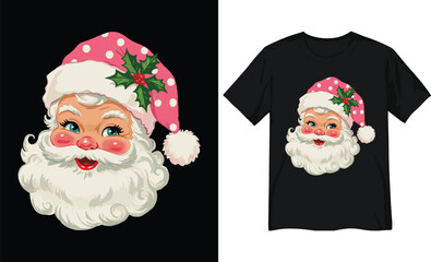 Retro Santa Claus with Pink Polka Dot Hat and Holly – Vintage Christmas Illustration
