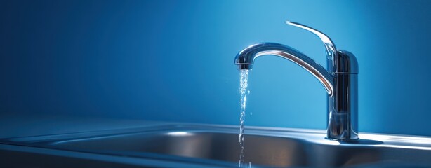 The faucet with flowing water over a modern stainless steel kitchen sink